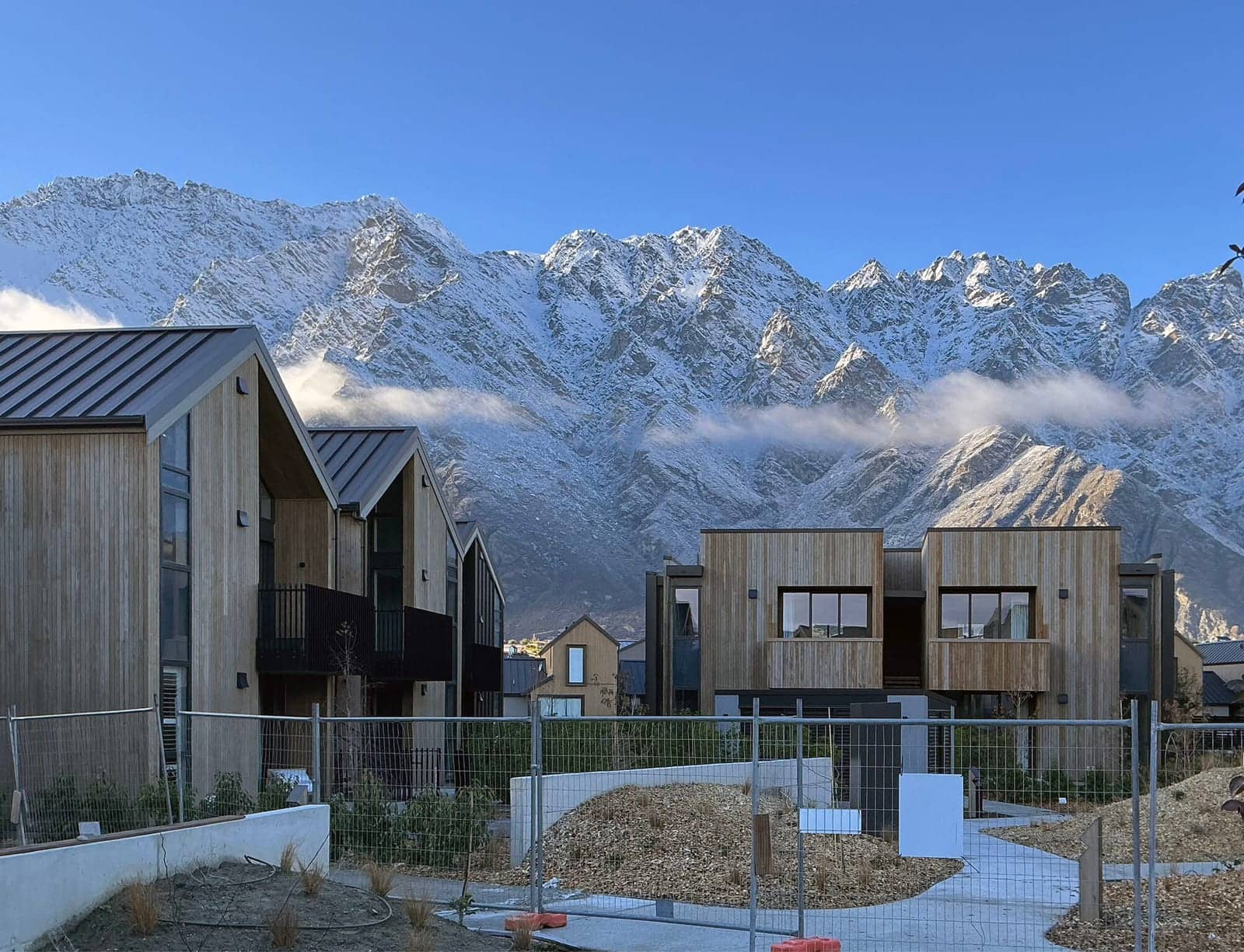 Balustrades on cedar townhouses with The Remarkables behind, Queenstown