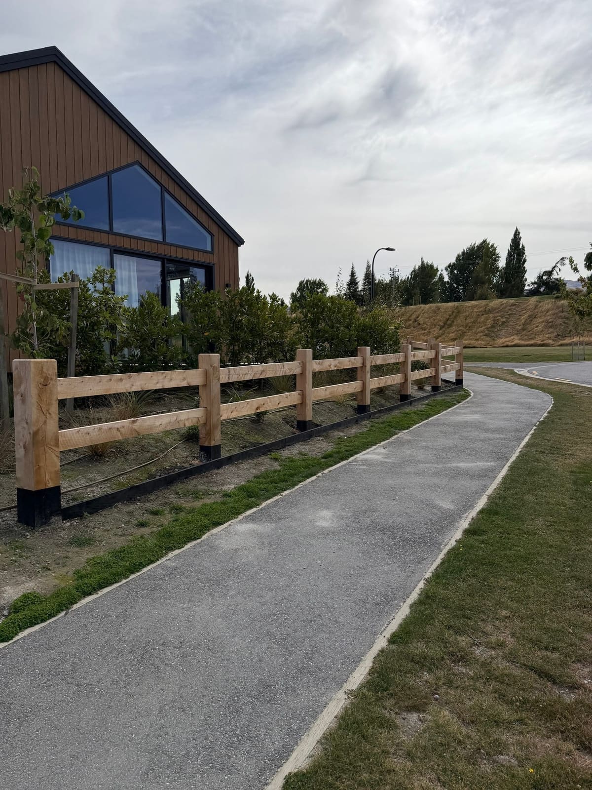 Macrocarpa post and rail path fencing at Hanley's Farm, Queenstown